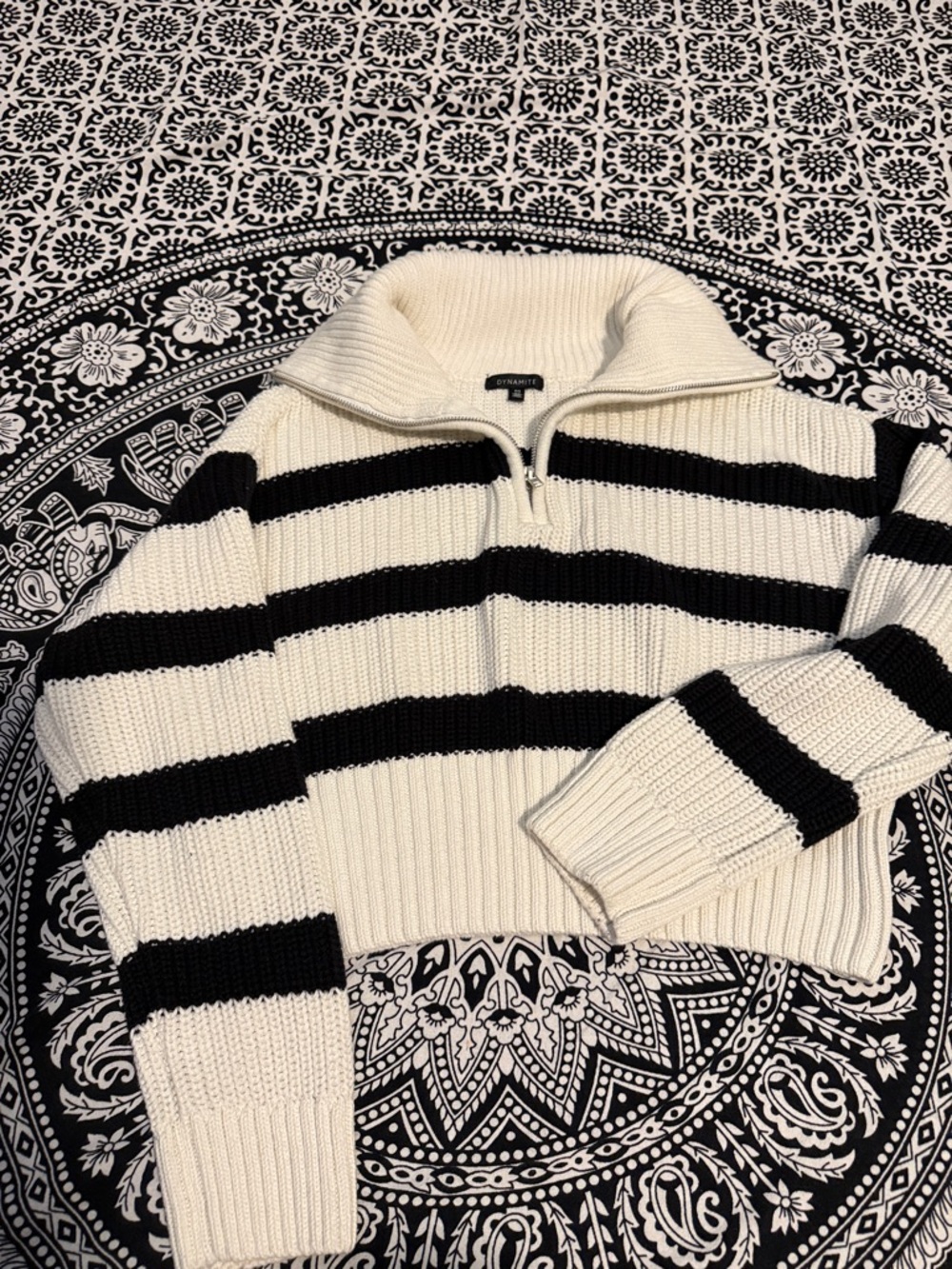 Dynamite Cream and Black Striped Half-Zip Sweater
